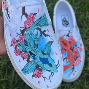 Japanese Koi Fish with cherry blossoms flower vans slip on hand painted custom shoes