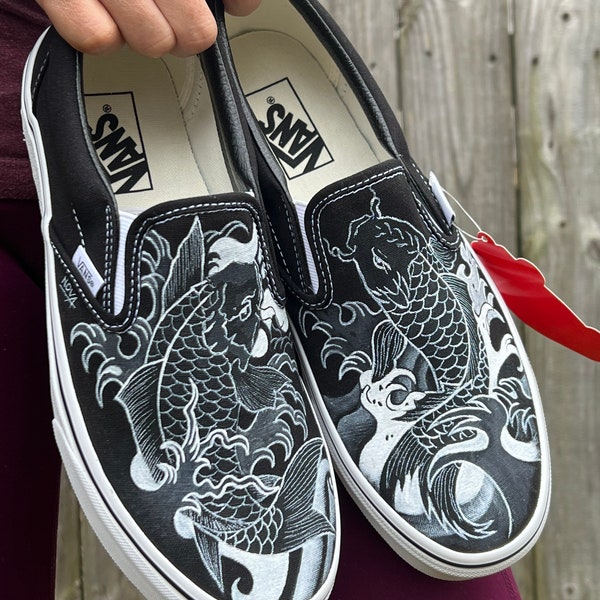 Black and white Japanese Koi Fish with wave design in black vans slip on hand painted custom shoes