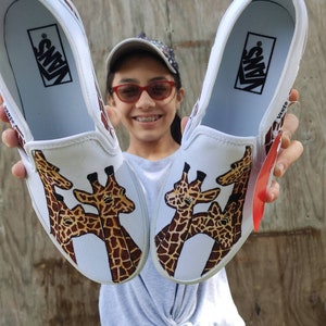 Giraffee design hand painted vans shoes, with print around for animal lover