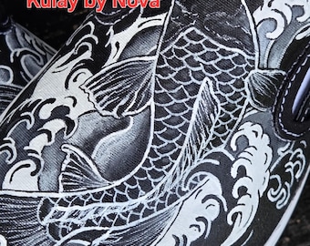 Hand Painted Koi Fish Black Vans Slip-Ons, Custom Shoes