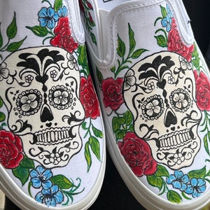 Candy skull hand painted slip on vans shoes with flowers