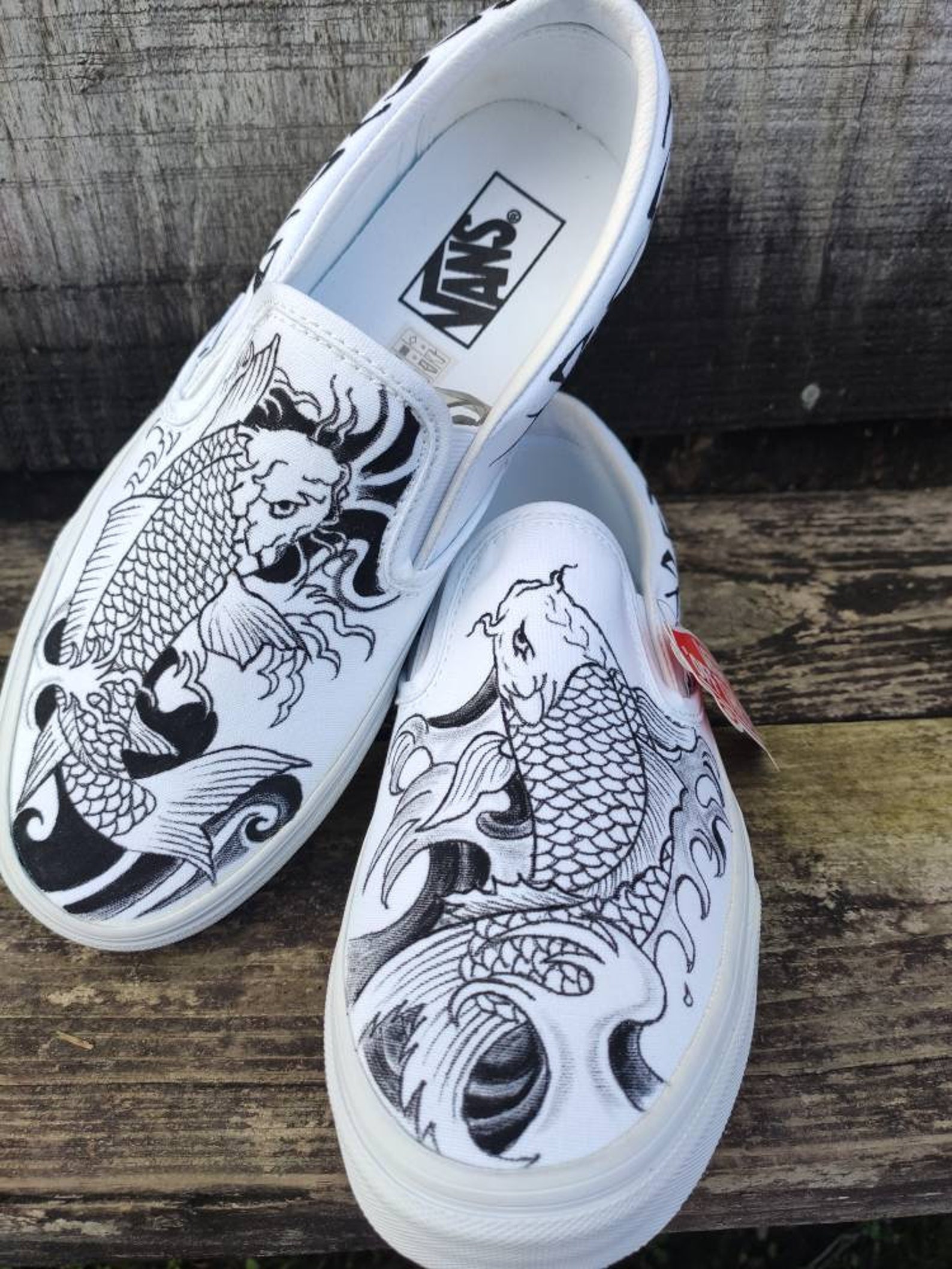 Black and white Japanese Koi Fish with tribal design vans slip Etsy