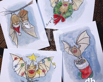 Bat Greeting Cards – Single OR 4 pack – Christmas Card Pack – Cute Bat Holiday Greeting Card  – Bat Art Notecards – Gothic Home Decor Gift