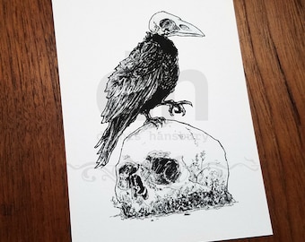 Black Crow on Skull Fine Art Print – Halloween Art – Gothic Home Decor – Spooky Cute Raven – Skeleton Crow – Halloween Decor – Skull Art