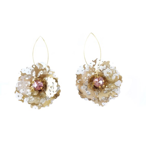 Items similar to Gold dangle sequin flower earrings floral earrings