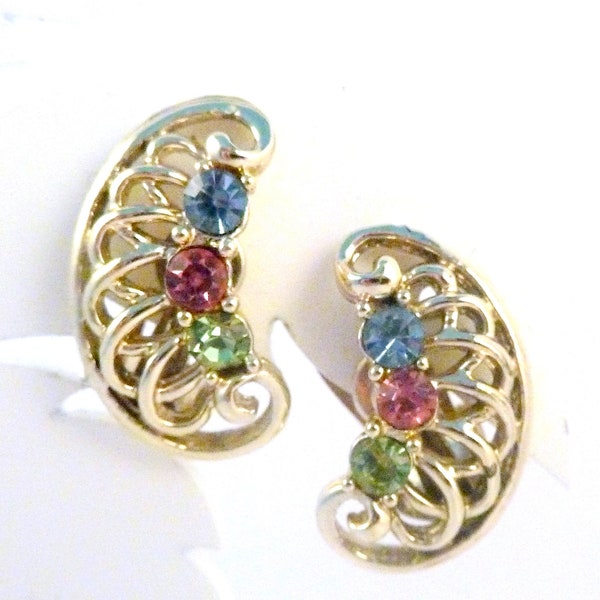 Vintage 50s Earrings, Fruit Salad Rhinestone Crescent Shape Designer Clip Ons By Jewelcraft, 50's Jewellery.