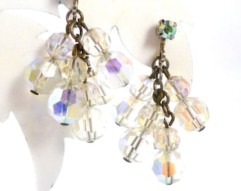 Vintage Earrings, Aurora Borealis Crystal Bead Cascade Drop Design Screw Backs, 50's Jewellery