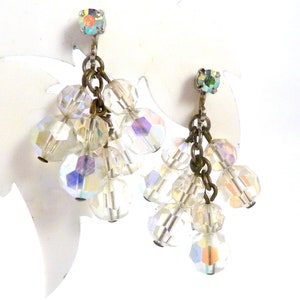 Vintage Earrings, Aurora Borealis Crystal Bead Cascade Drop Design Screw Backs, 50&#39;s Jewellery