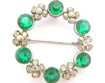 Antique Edwardian Green And Clear Paste Set Floral Wreath Design Brooch
