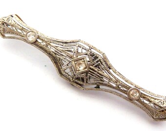 Antique 14K White Gold Diamond Brooch, Art Deco Filigree Bar, Circa 1920s