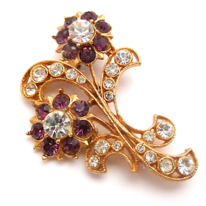 Vintage Amethyst And Clear Rhinestone Set Floral Design Brooch, 50s 60s Jewellery