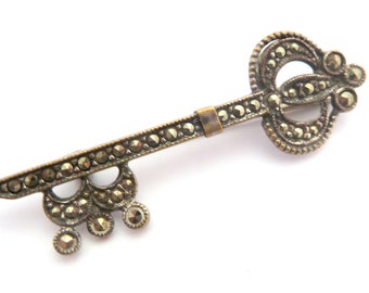 Vintage Brooch Large Marcasite Set Key Design Pin, 40s 50s Jewellery
