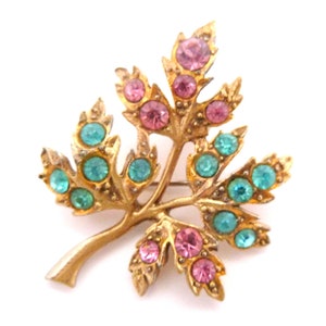 Vintage Brooch Dainty Pink And Blue Rhinestone Set Leaf Design Pin, 50s Jewellery