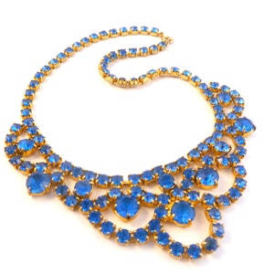Vintage Blue Rhinestone Swag Drop Statement Choker Necklace, 50s 60s Jewellery