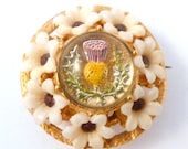 Vintage Scottish Brooch, Reverse Carved Lucite Thistle, Celluloid And Rhinestone Flower Brooch.