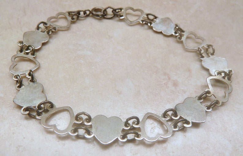 Vintage Heart Bracelet Sterling Silver Heart Bracelet. Silver Heart Bracelet