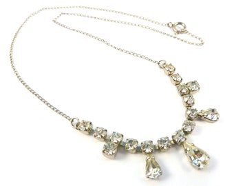 Vintage Rhinestone Tear Drop Necklace, Rhinestone Necklace, 50's Necklace, Rhonestone Choker.