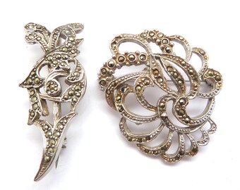 Two Vintage Marcasite Set Abstract Modernist Design Brooches, 60s 70s Jewellery