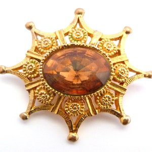 Vintage Brooch Smoky Topaz Rhinestone Set Victorian Revival Style Pin, 70s Jewellery