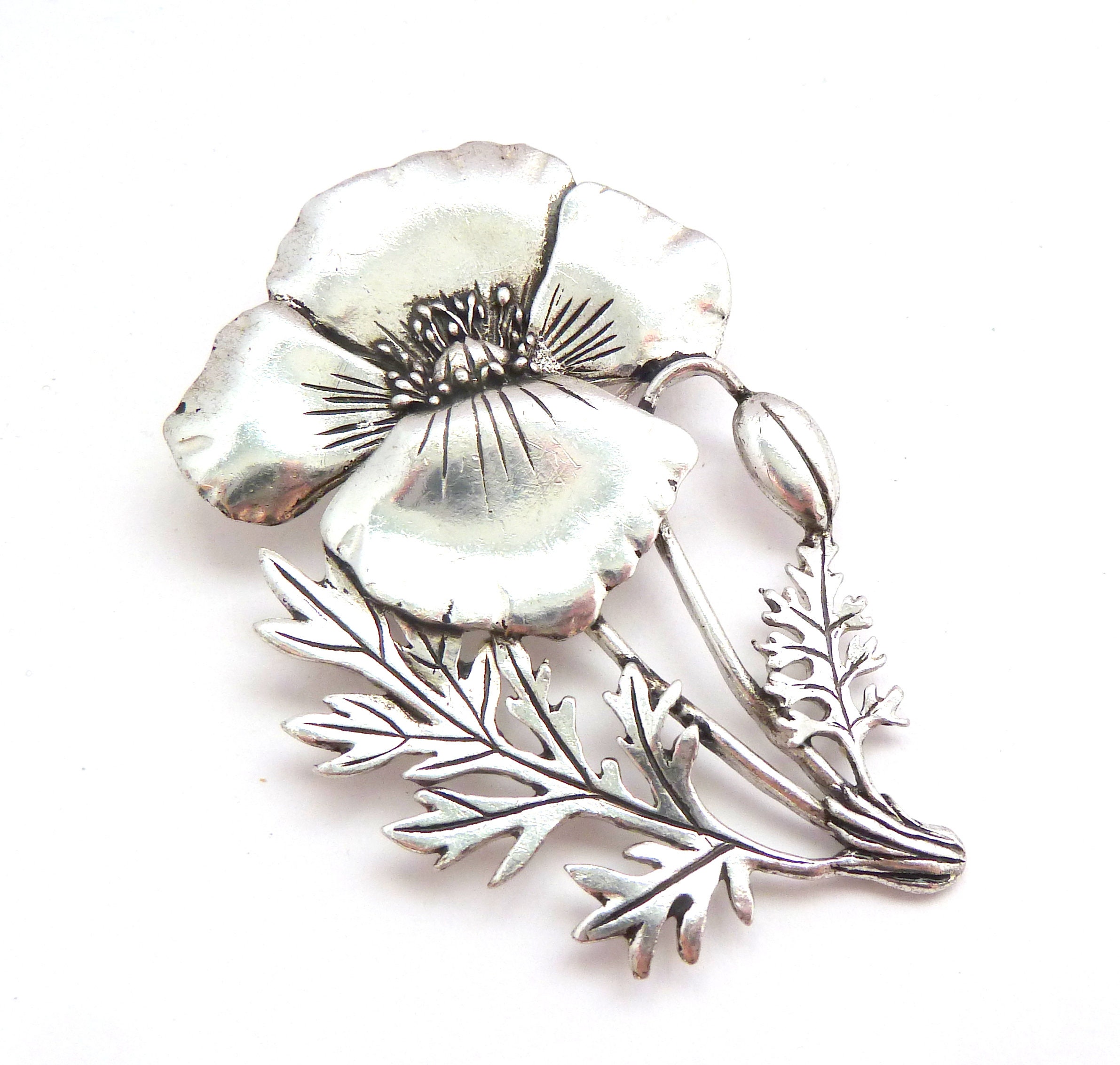 Vintage Brooch Large Silver Plated Pewter Poppy Flower Pin by