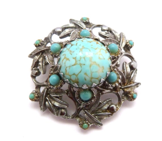 Vintage Brooch Faux Turquoise Hubbell Glass Raised Absract