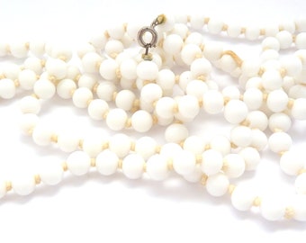 Vintage Long Rope Length Hand knotted White Milk Glass Bead Necklace, 60s 70s Jewellery