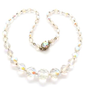 Vintage Aurora Borealis Crystal Beaded Choker Necklace With Rhinestone Detailed Clasp, 50s 60s Jewellery