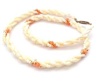 Vintage Triple Stranded Mother Of Pearl And Coral Beaded Short Length Necklace,  70s 80s Jewellery