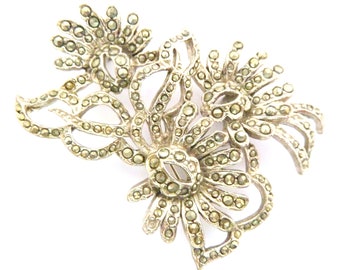 Vintage Large Marcasite Set Abstract Triple Flower Design Retro Brooch, 50s 60s Jewellery.
