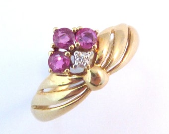 Vintage 9ct Gold Ring, Chevron Set Ruby And Diamond Dress Ring, Ruby Ring, Diamond Ring, 1980's Ring.
