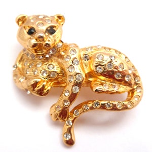 Vintage Brooch, Rhinestone Detailed Big Cat Leopard Design Pin, 80s 90s Jewellery.