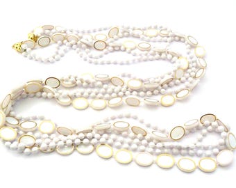 Vintage Fun White Plastic Beaded Triple Stranded Rope Length Hong Kong Made Necklace, 70s 80s Jewellery