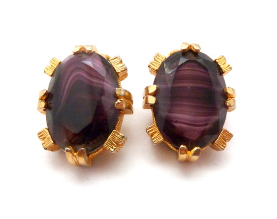 Boucles D'oreilles à Clips En Verre émaillé Violine - Limoges - Travail D'artiste - Occasion