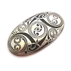 Vintage Large Pewter Celtic Pictish Spiral Detailed Oval Brooch By St Justin, 90s Jewellery.