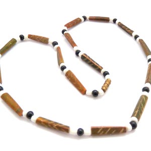 Vintage Wood And Black And White Beaded Boho Short Length Necklace, 90s Jewellery