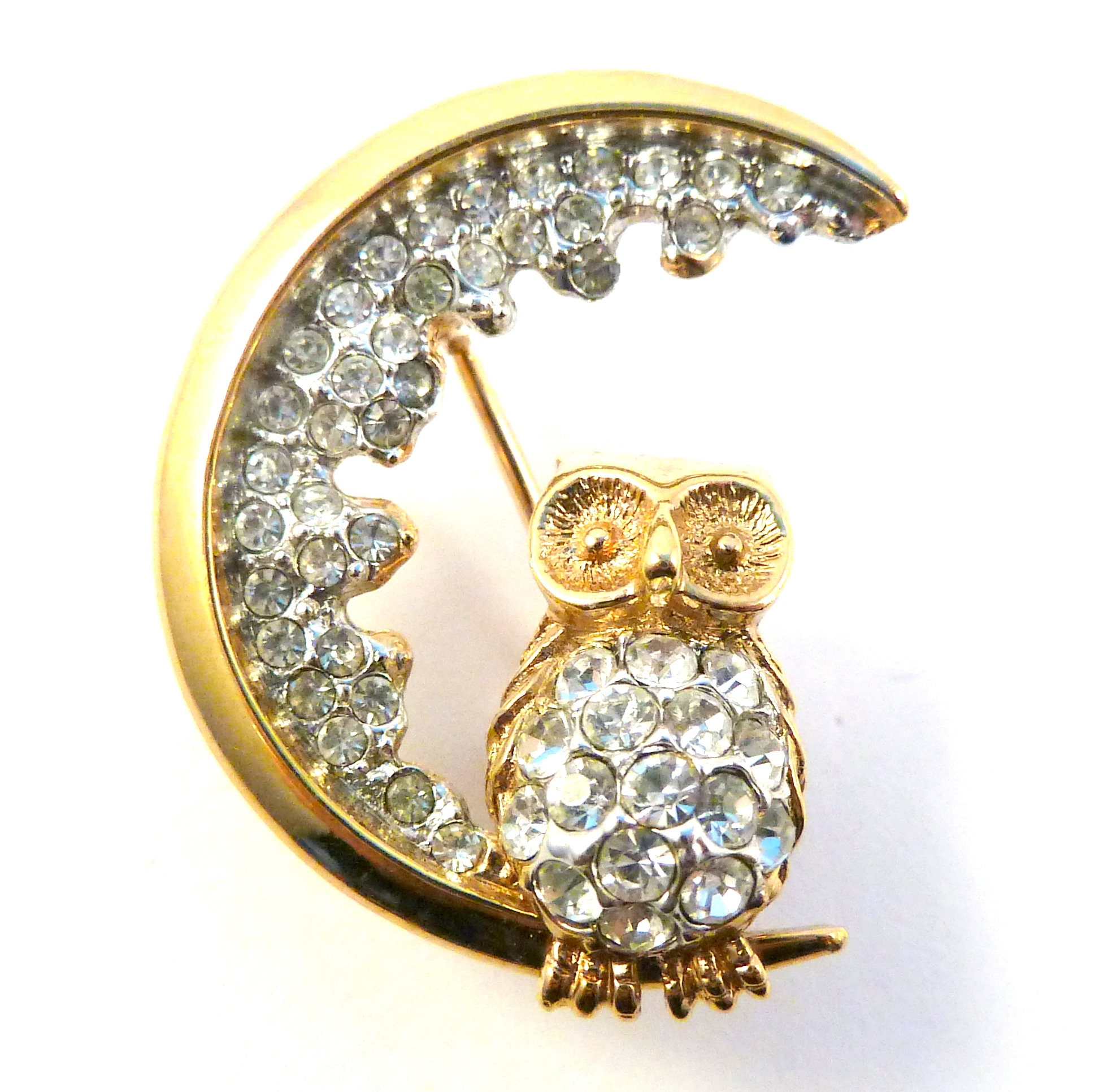 Vintage Brooch, Small Crystal Rhinestone Set Owl And Crescent Moon Pin By Attwood And Sawyer, 80s 90