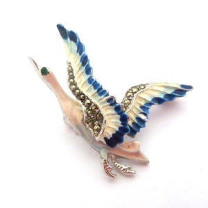 Vintage Small Enamel And Marcasite Goose In Flight Bird Design Brooch, 50s Jewellery.