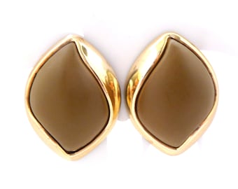Vintage Large Brown And Gold Abstract Retro Design Clip On Earrings, 80s Jewellery.
