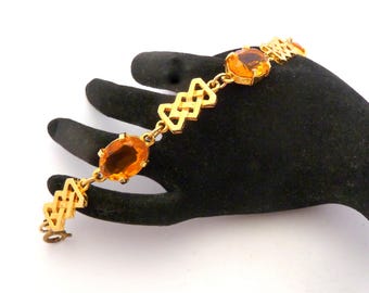 Vintage Scottish Style Celtic Knotwork And Faux Citrine Detailed Panel Design Bracelet, 80s 90s Jewellery