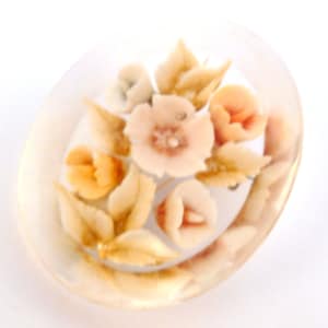 May include: A clear oval-shaped brooch with a floral design. The flowers are in shades of pink, peach, and cream. The leaves are a light brown colour.