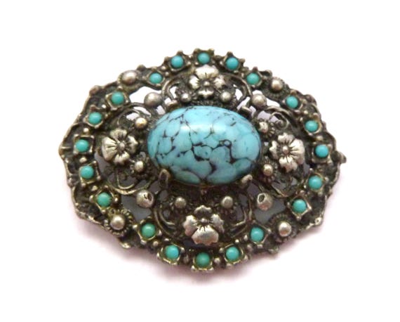 Grande Broche De Théâtre Cabochons Verre Bleu - Laiton - Occasion (manque Attache Au Dos)