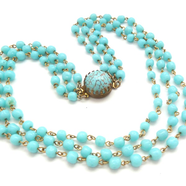 Vintage Triple Stranded Blue Glass Bead Choker Necklace With Large Faux Turquoise Hubbell Glass Bead Detailed Clasp, 50s 60s Jewellery