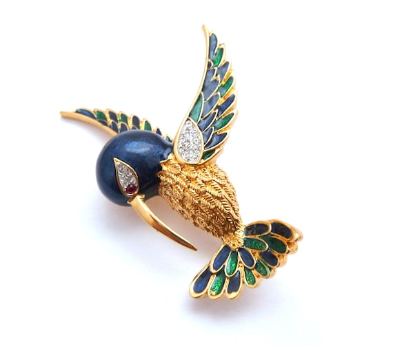 Vintage Enamel And Rhinestone Hummingbird Bird De… - image 2