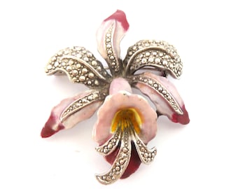 Vintage Brooch, Enamel And Marcasite Set Orchid Flower Design Pin, 50s Jewellery.