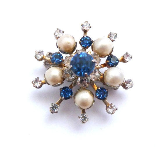 Vintage Star Burst Atomic Style Brooch With Blue … - image 1