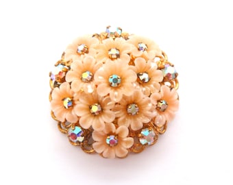Vintage roze bloem en Aurora Borealis strass set bloemdessin broche, sieraden jaren 50/60