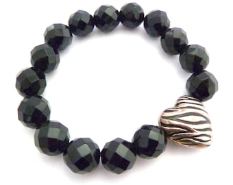 Sterling Silver Black Enamel Striped Heart And Chunky French Jet Stretch Bracelet.