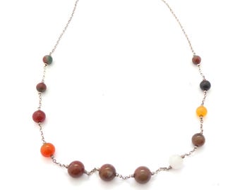 Vintage Mixed Agate And Quartz Beaded Scottish Style Matinee Length Necklace, 80s Jewellery