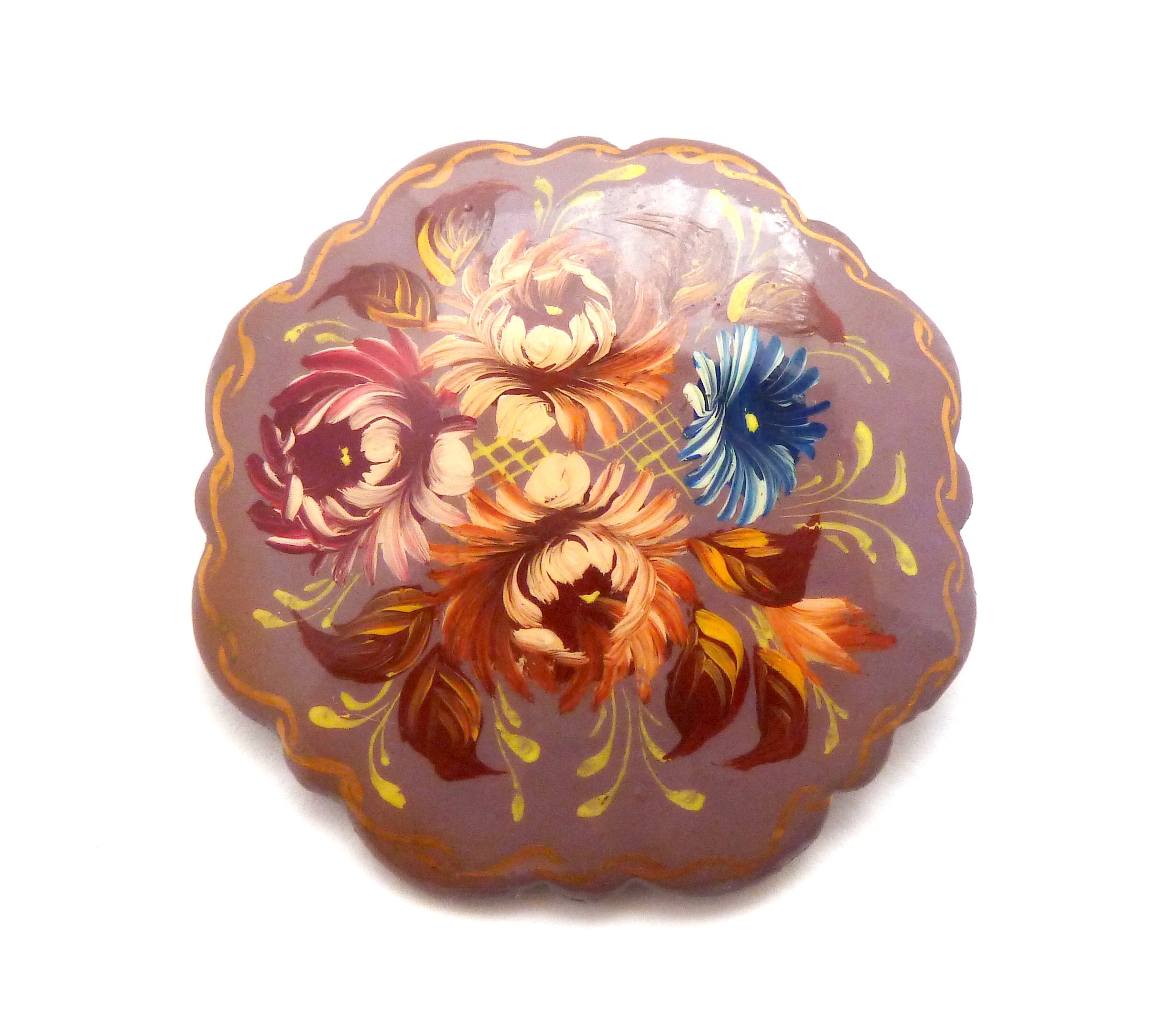 Vintage Brooch, Large Hand Painted Floral Design Russian Folk