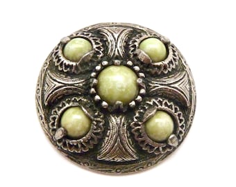 Vintage Faux Connemara Marble Set Ornate Scottish Celtic Style Brooch, 60s 70s Jewellery